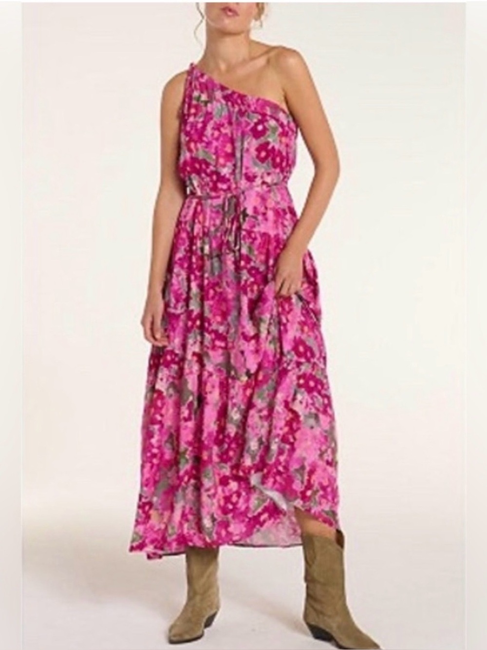 Hermoza Joyce One-Shoulder Tie Dress in Scarlet IKAT Pink Floral Maxi Dress NEW